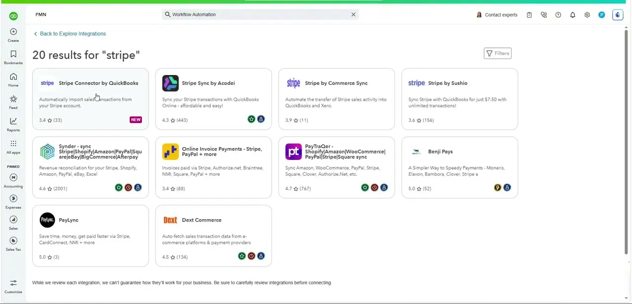 Search results for "stripe" inside QuickBooks' integrations panel, showing the native connector alongside several third-party alternatives.