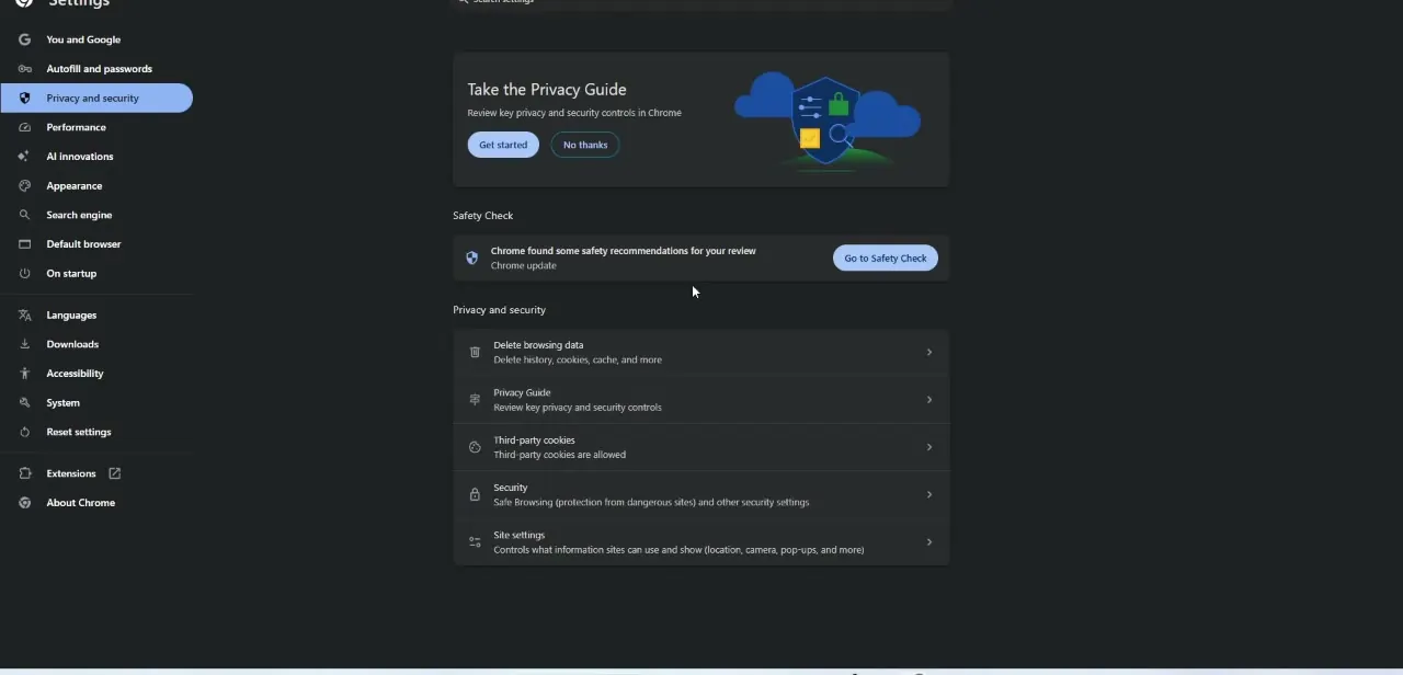 Chrome's Privacy and security settings page, showing Safe Browsing, third-party cookie controls, and Site settings — the places most likely to be blocking a page.