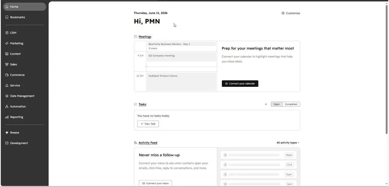 The HubSpot home dashboard, with the left navigation rail collapsed to its top-level sections before CRM is expanded.