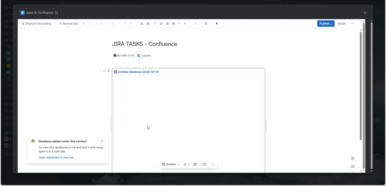 The Confluence editor opened from inside Jira, mid-draft on a page titled "JIRA TASKS - Confluence," with a Publish button ready.