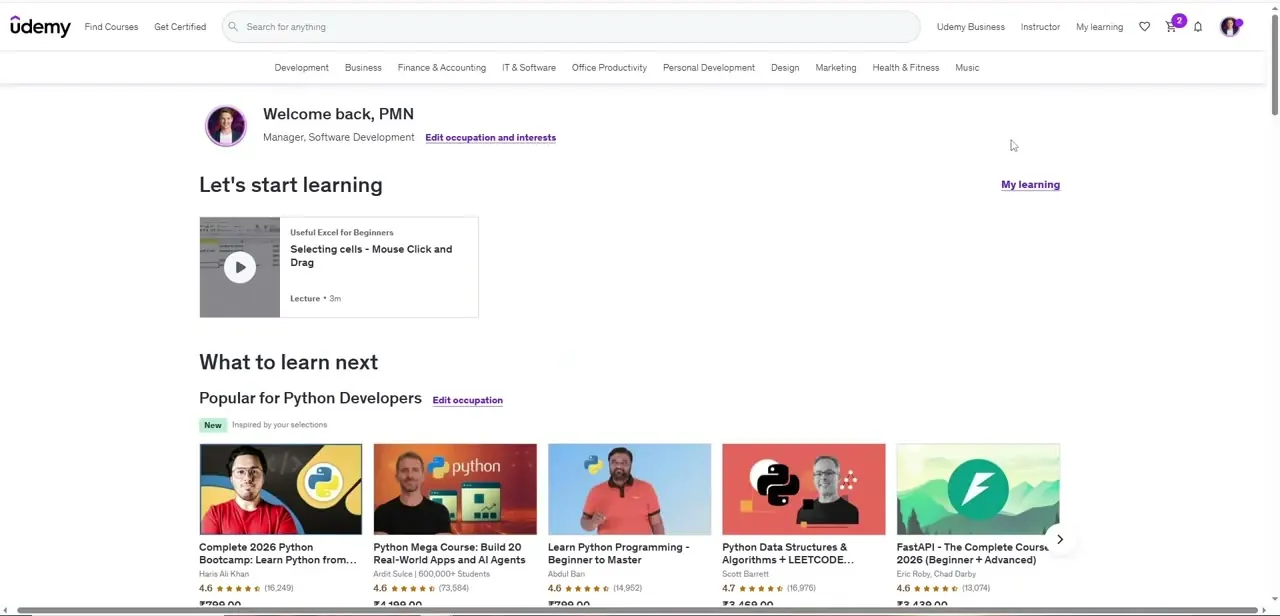 The Udemy dashboard's "Let's start learning" panel, with your most recent lecture ready to resume.