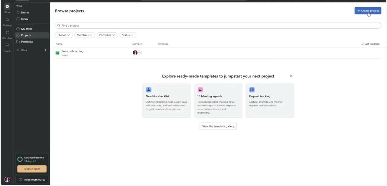 Browse projects lists everything you're a member of, with Create project and a row of starter templates for common workflows.