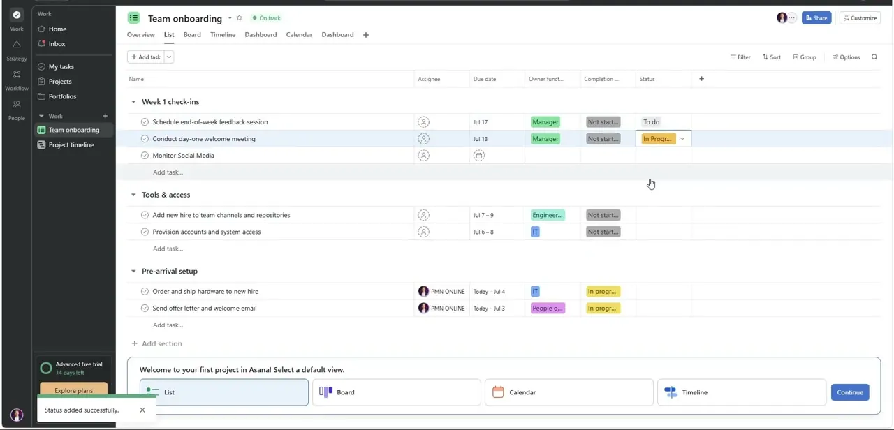 A Status column added to the project, with tasks tagged To do or In Progress and a confirmation toast after saving.