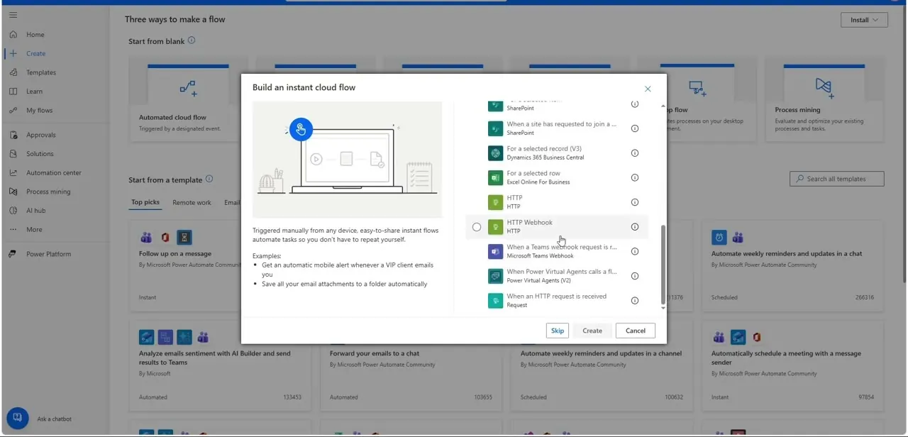 The Build an instant cloud flow dialog, listing trigger options like SharePoint events and HTTP Webhook alongside the default manual trigger.