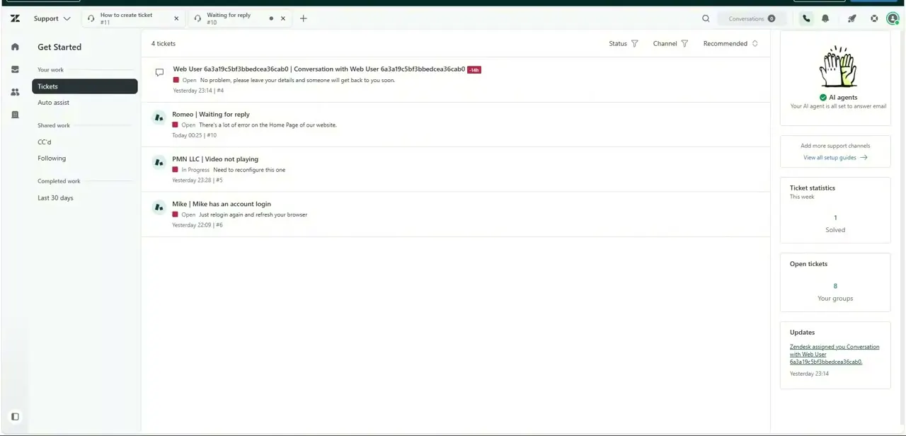 The standard Zendesk Support ticket workspace, where agent replies carrying the eventual signature template actually get sent.