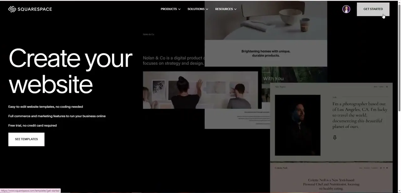 The Squarespace homepage, with a free trial and no credit card required to start building.