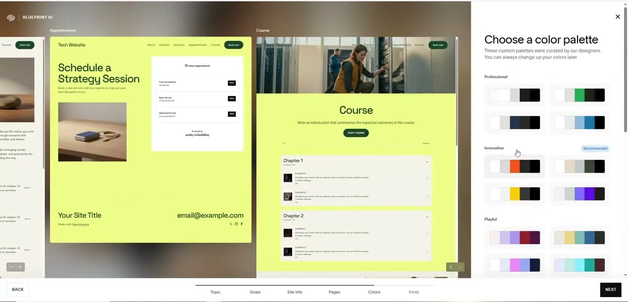 Choosing a color palette in Blueprint AI, with the generated Appointments and Course pages updating live to preview each option.