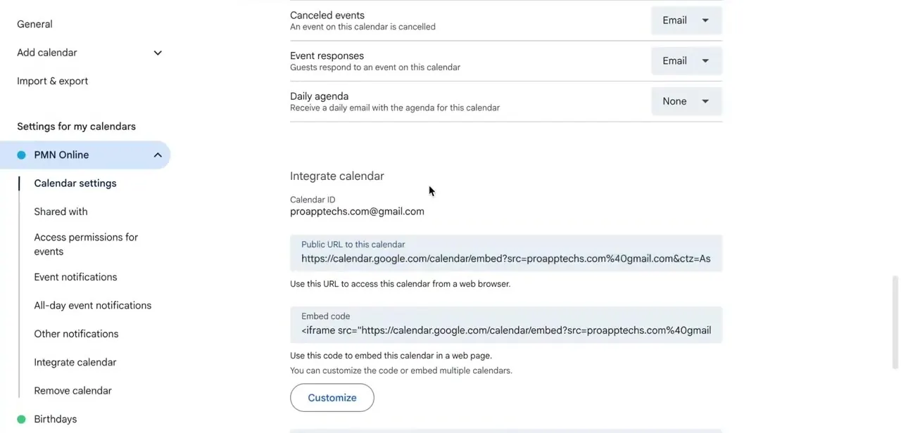 The Integrate calendar settings page, showing the Calendar ID, the public embed URL, and the full iframe embed code.