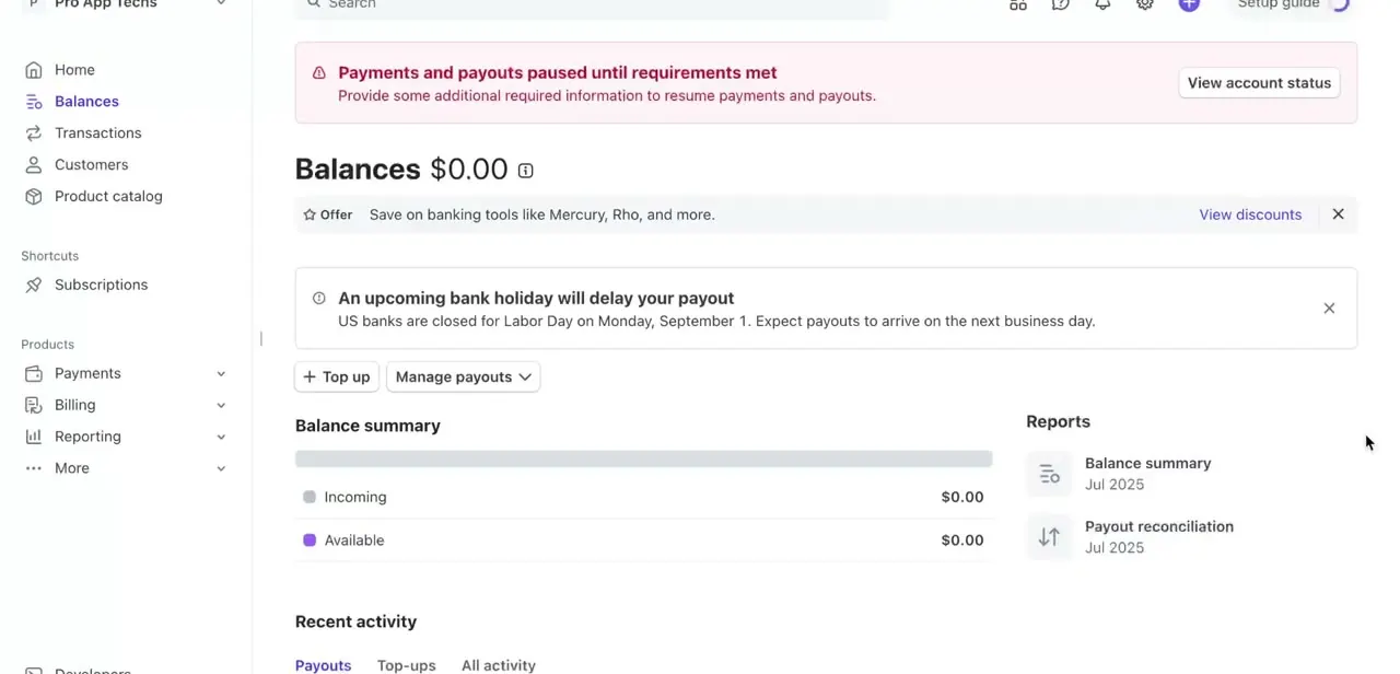The Balances page, with Incoming and Available totals and buttons for Top up and Manage payouts. Account notices about paused payouts or holiday delays show up right above it.