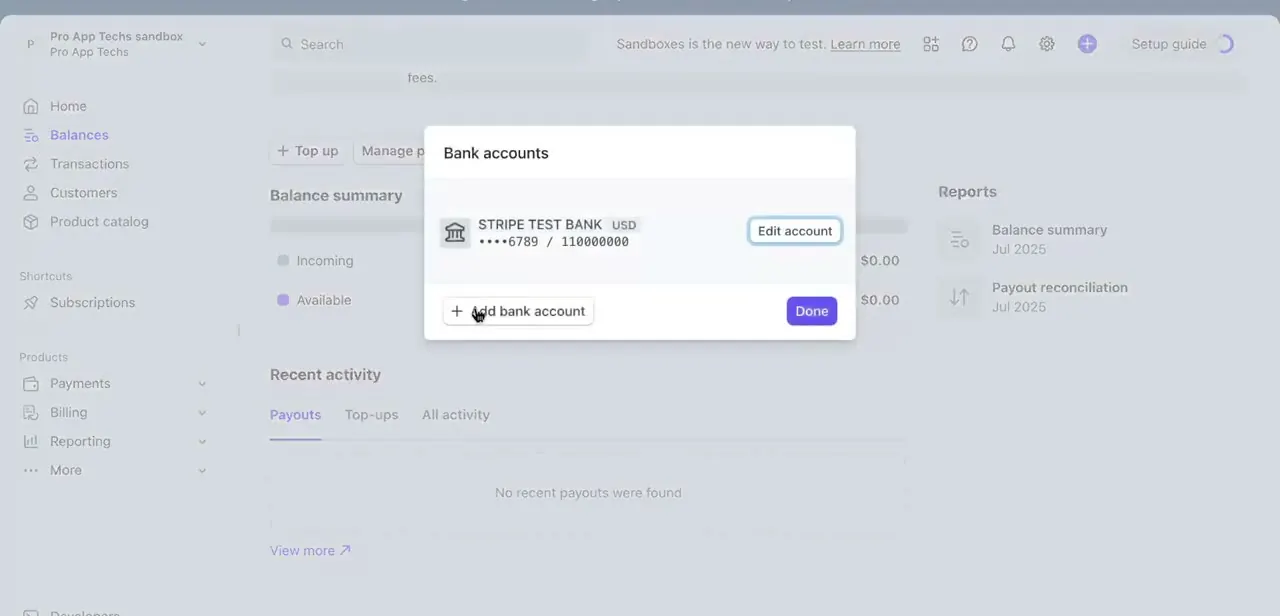 The Bank accounts panel, listing a connected account with options to edit it or add another.