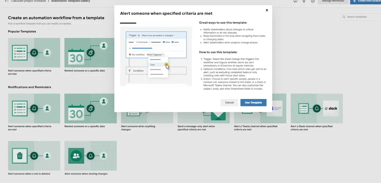 The Automation Template Gallery's preview panel for the "Alert someone when specified criteria are met" template, explaining its use cases and setup steps.