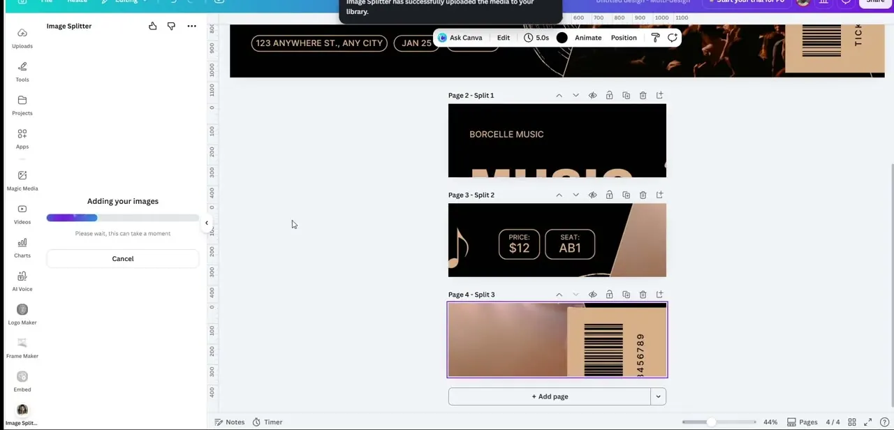 Image Splitter generating the individual tiles as separate pages, each one ready to preview and export on its own.