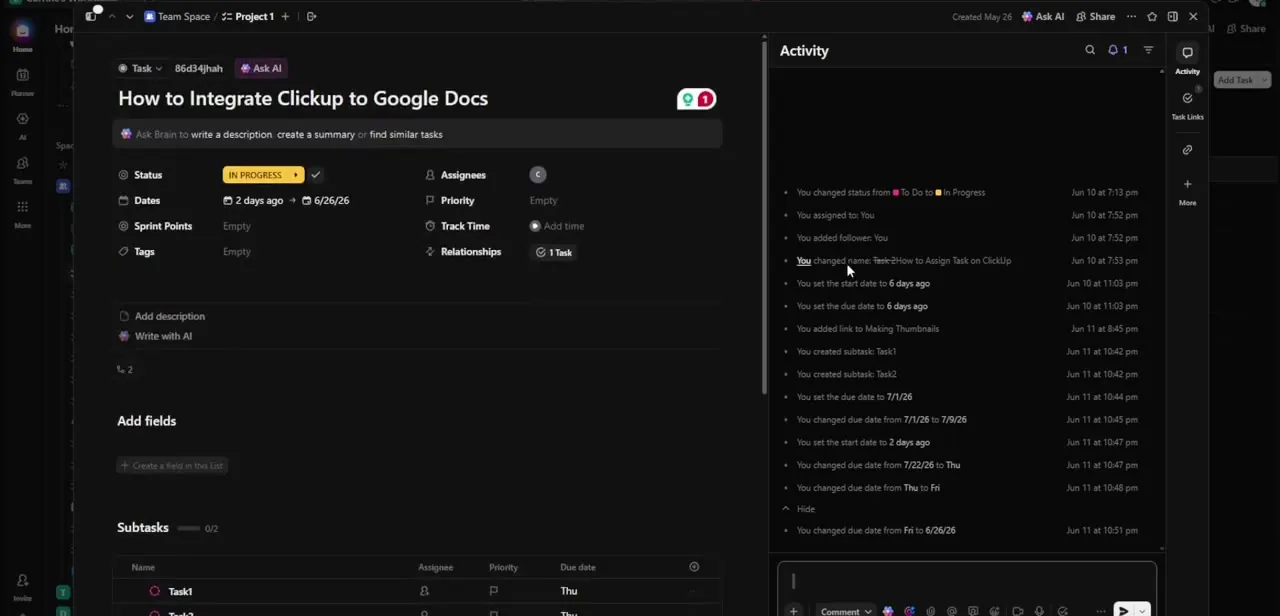 A ClickUp task detail panel, showing status, dates, assignees, and subtasks, with the Activity feed open on the right tracking every change made to the task.