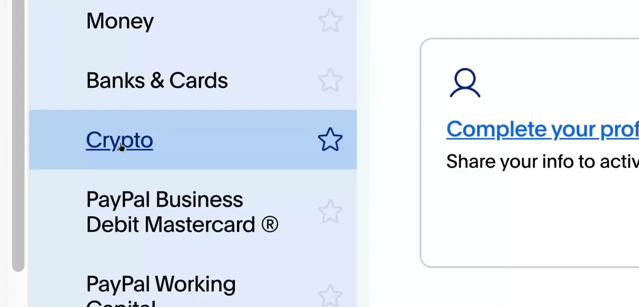 PayPal's side menu showing the Crypto tab alongside Money, Banks & Cards, and PayPal's card products — PayPal's own crypto feature, separate from receiving external transfers.