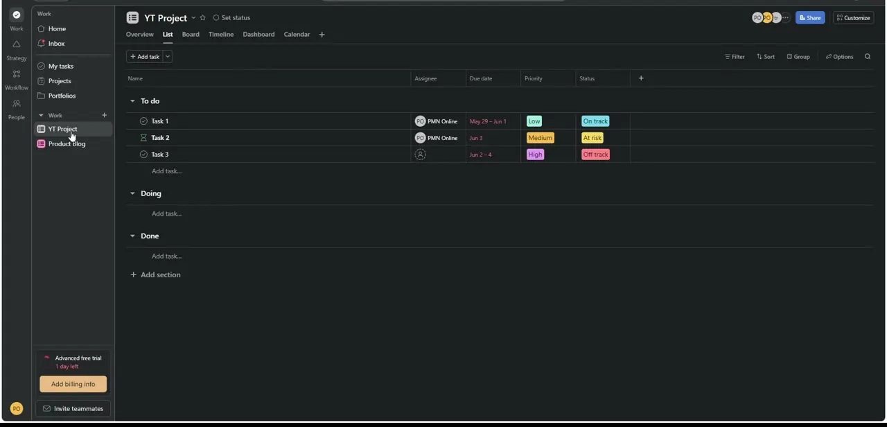 An Asana project's list view, with tasks carrying assignees, due dates, priority, and status — the data that flows back into Slack once connected.