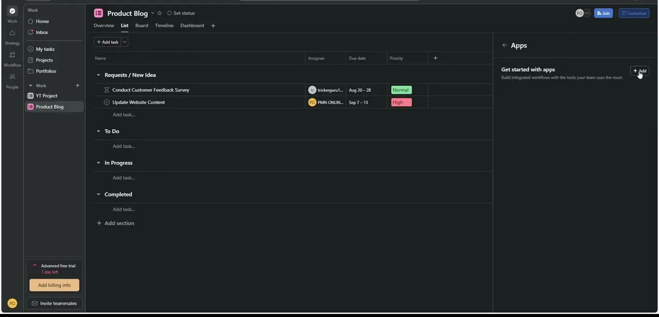 The Apps panel inside an Asana project, where you can add Slack as a connected integration from Asana's own side.