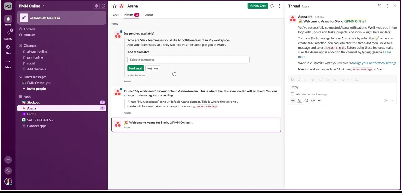 Asana's welcome message inside Slack, confirming the connection and explaining how to create tasks and adjust settings with /asana settings.