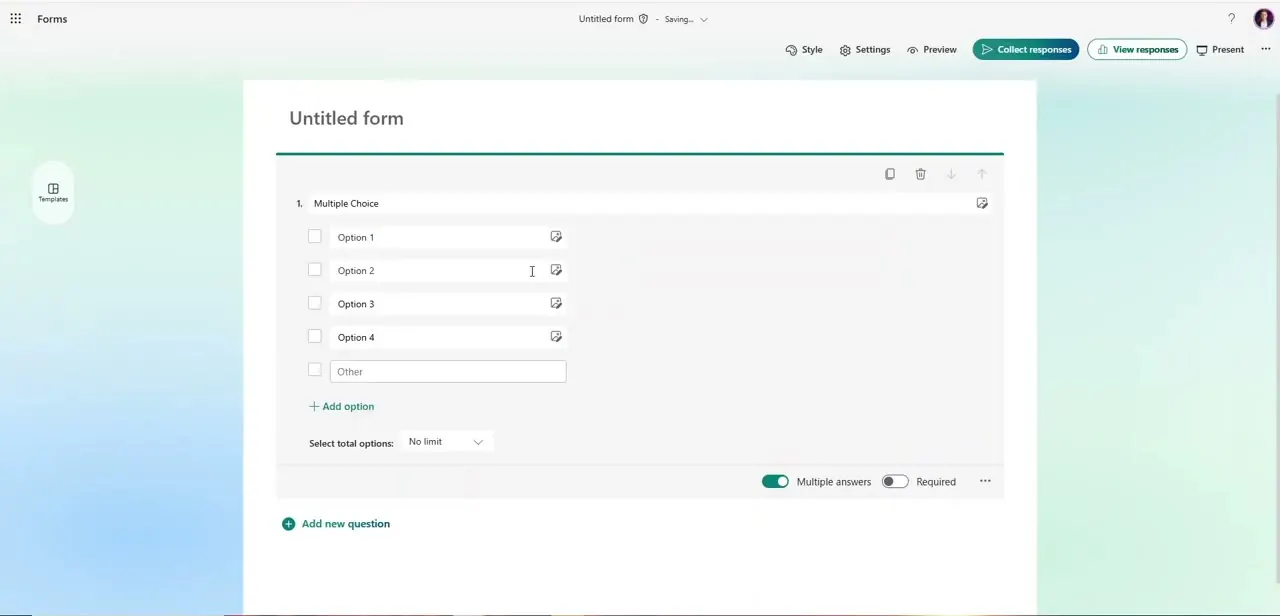 The completed multi-answer question with checkboxes on every option and the total-options rule set to No limit.