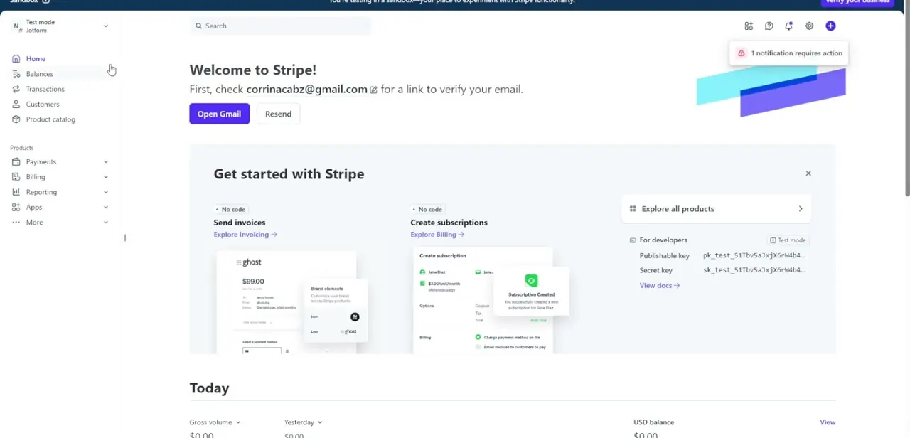 The Stripe account home screen in test mode, showing the email verification prompt and the no-code Get Started options for invoices and subscriptions.