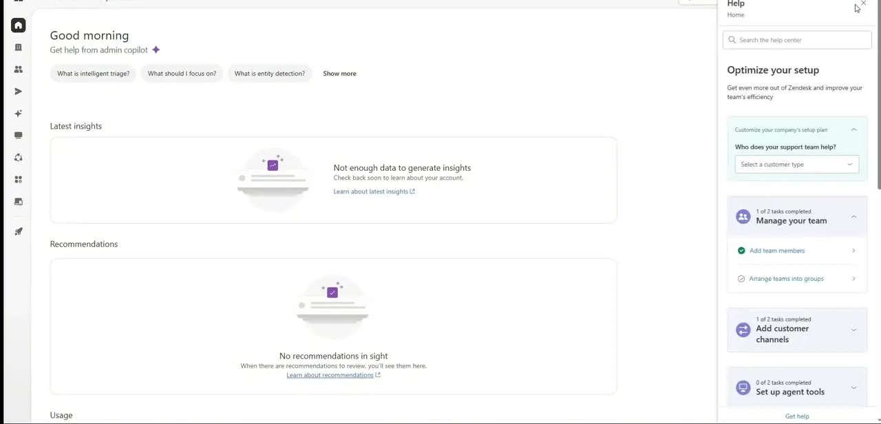The Admin Center home screen, with a setup checklist and admin copilot prompts — a useful status check before building out your knowledge base.