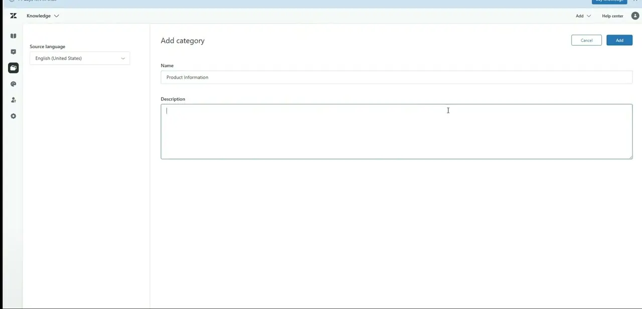 The Add category form, with a category named "Product Information" ready to hold the sections and articles underneath it.