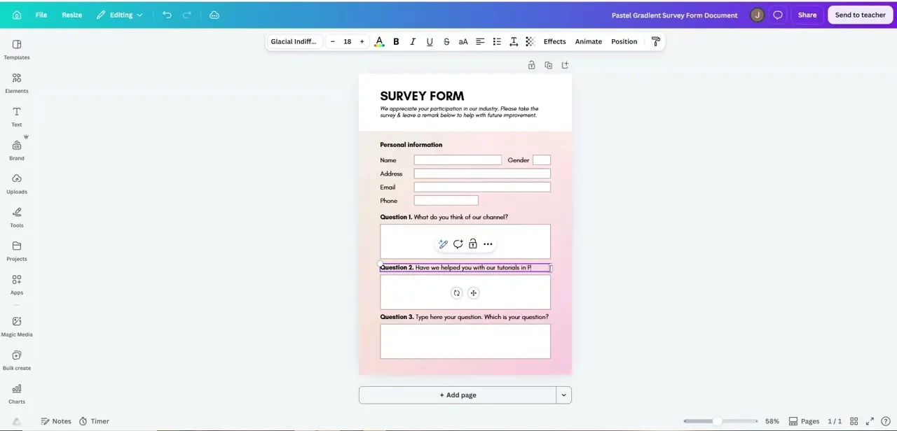 Editing a question in place — the first question has already been rewritten, while the third box below still holds its original placeholder text.