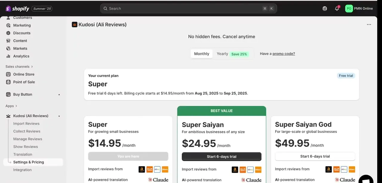 Kudosi's Settings & Pricing page, showing an active free trial on the Super plan alongside the higher Super Saiyan and Super Saiyan God tiers.