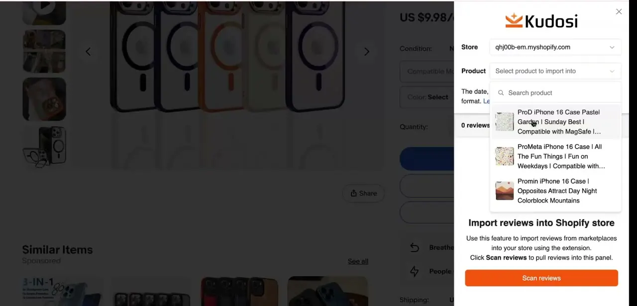 The Kudosi extension open on an eBay product page, searching the connected Shopify store for the correct product to import reviews into.