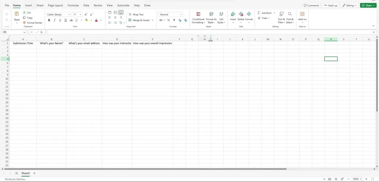 An Excel Online table with headers for Submission Time, Name, email address, and instructor and overall-impression ratings — ready to receive mapped form responses.