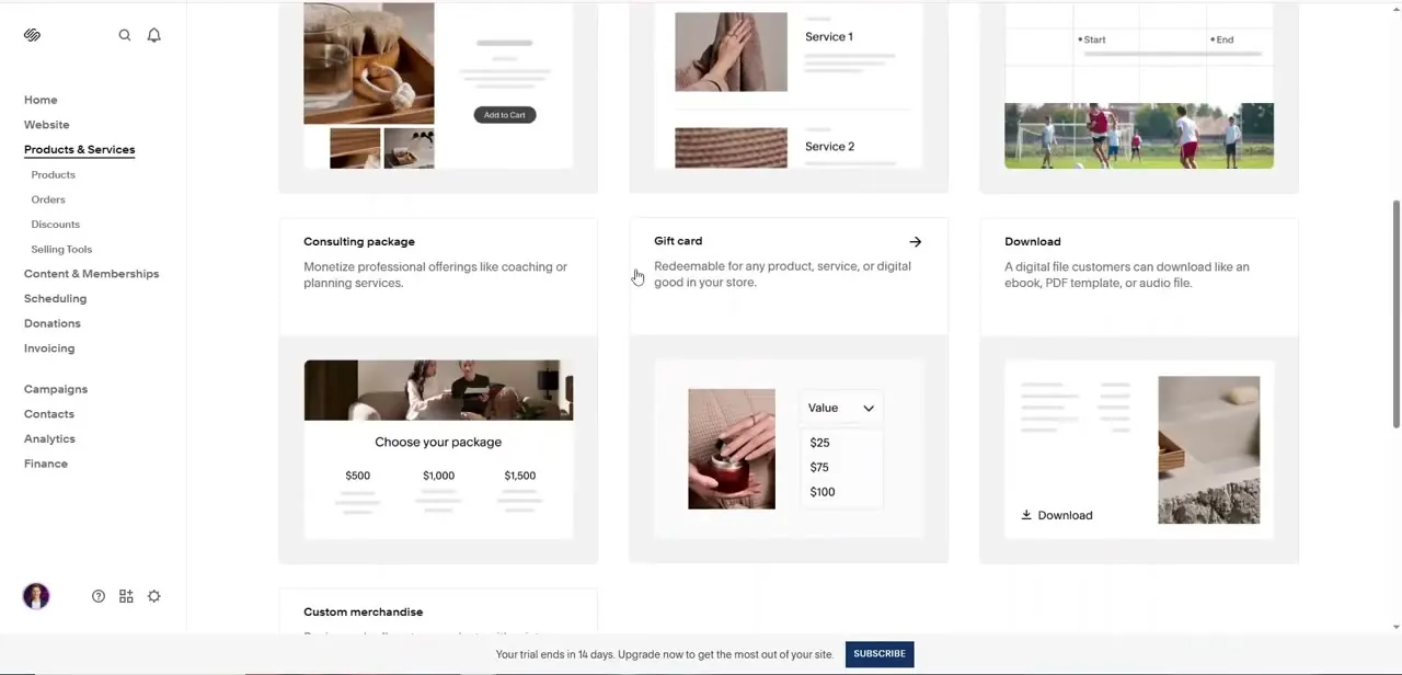 The Products & Services gallery, showing a Consulting package with tiered pricing, a Gift card with selectable values, and Service and Download card templates.