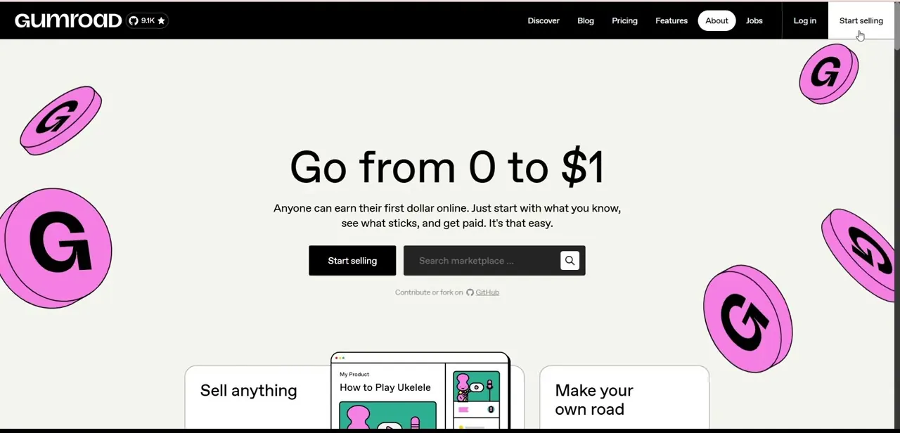 Gumroad's homepage pitch, "Go from 0 to $1," with the Start selling button that leads into account creation.