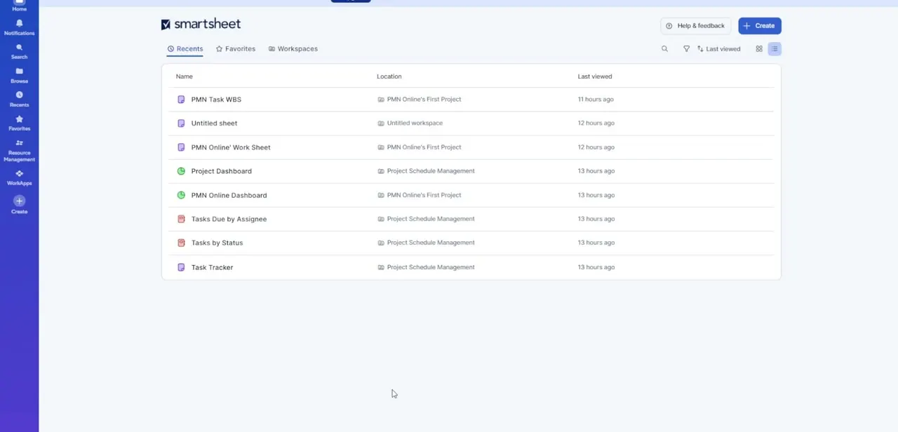 The Smartsheet Recents screen, listing recently viewed sheets and dashboards with the Create button in the top-right corner.