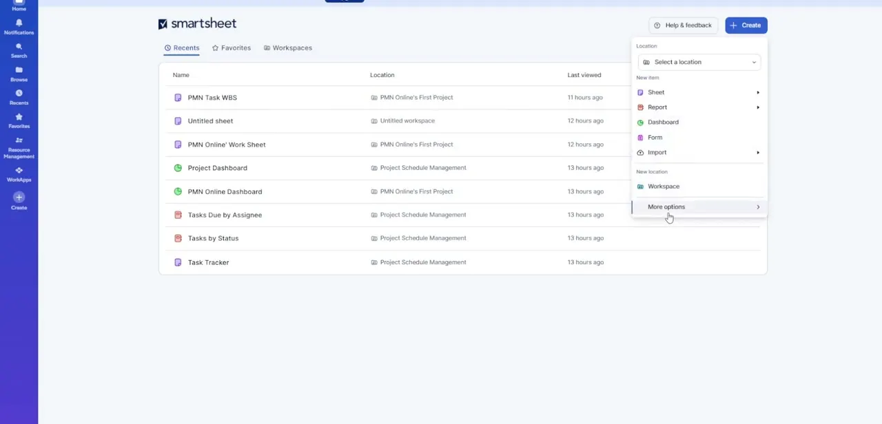 The Create dropdown, listing Sheet, Report, Dashboard, Form, and Import as the item types you can start from here.