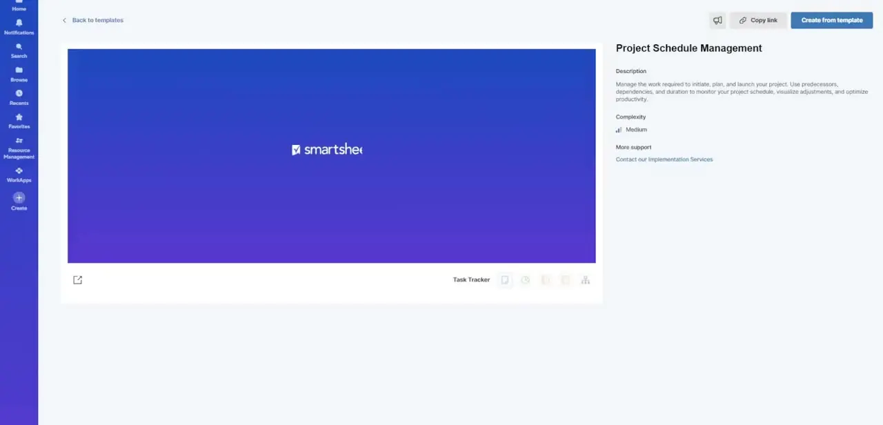 The Project Schedule Management template's preview page, describing its use of predecessors, dependencies, and duration to track a project.