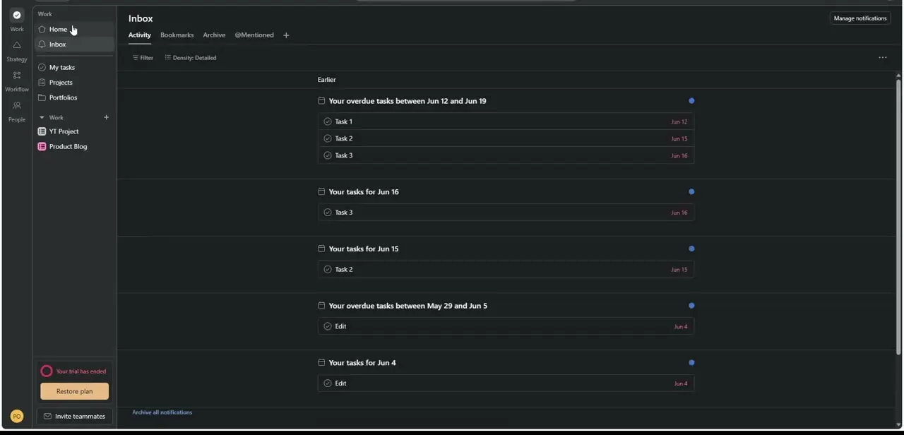 Asana's Inbox, grouping overdue and upcoming tasks by date — the home screen for a business-side user before Jira is connected.