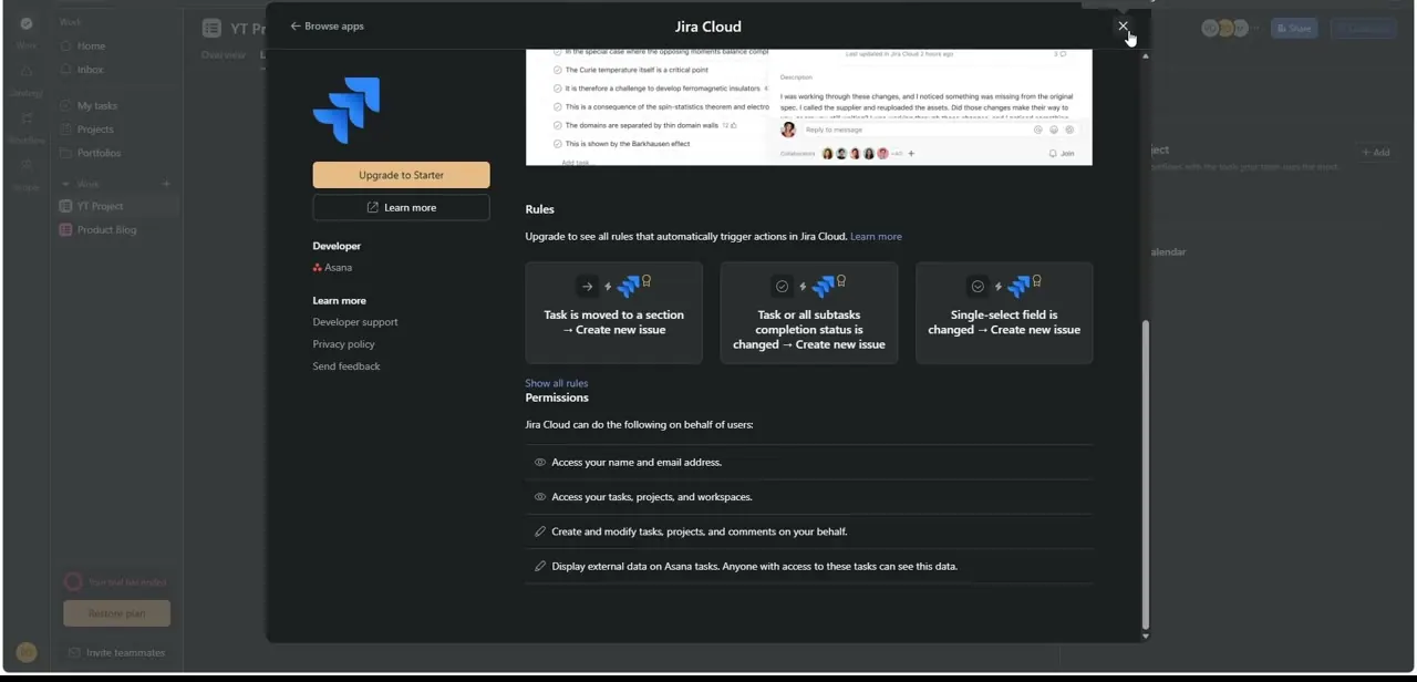 The Rules section of the Jira Cloud app, showing automation triggers like task-moved-to-section that require an upgraded Asana plan.