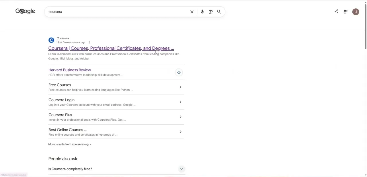 A search for "coursera" surfaces the official site along with direct shortcuts to Coursera Plus and the account login page.