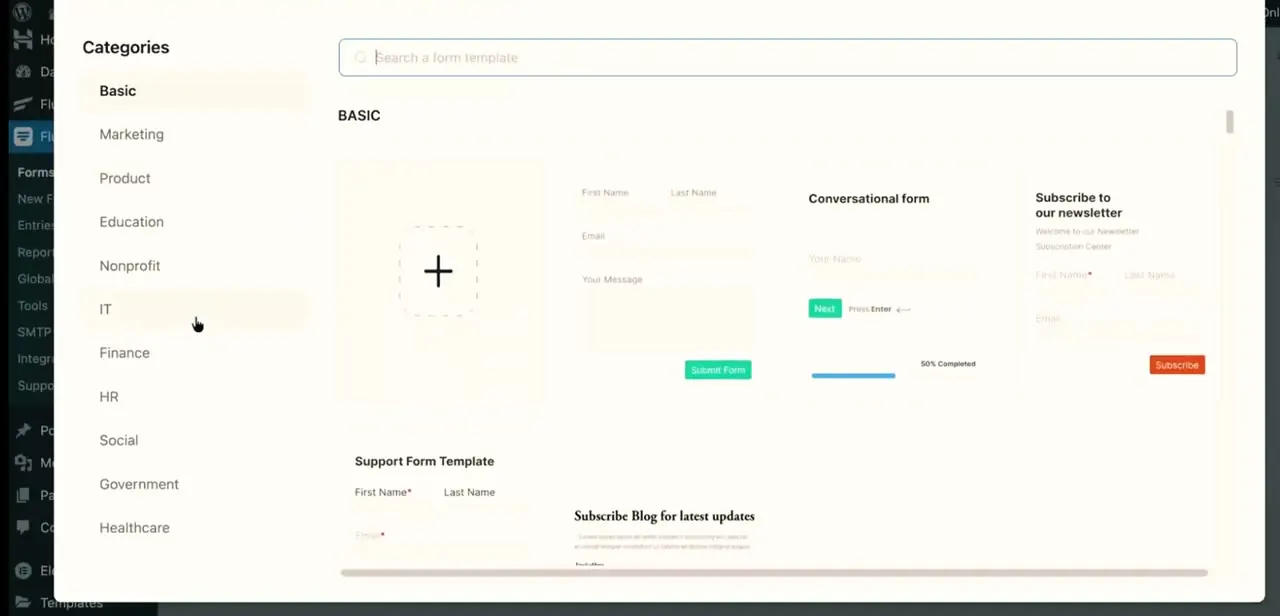 Fluent Forms' template gallery. A ready-made "Subscribe to our newsletter" layout sits right in the Basic category, next to conversational and support form templates.