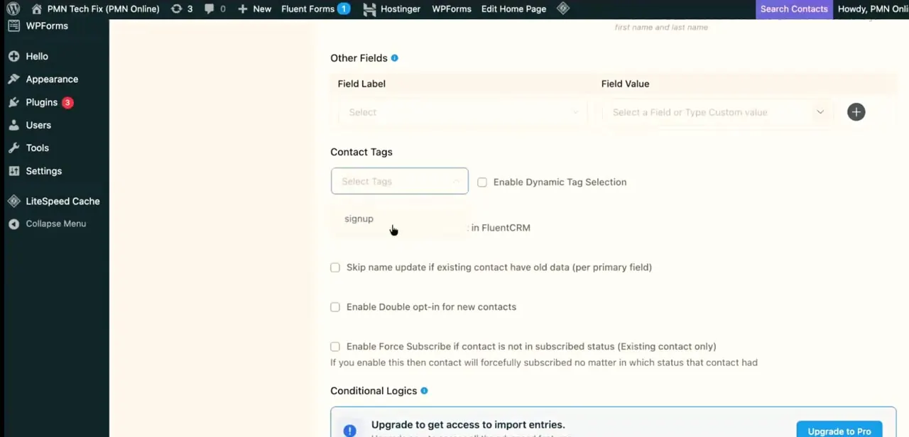 The FluentCRM integration on a form's settings, with a "signup" contact tag applied to every submission — this is what actually lands new emails in FluentCRM.