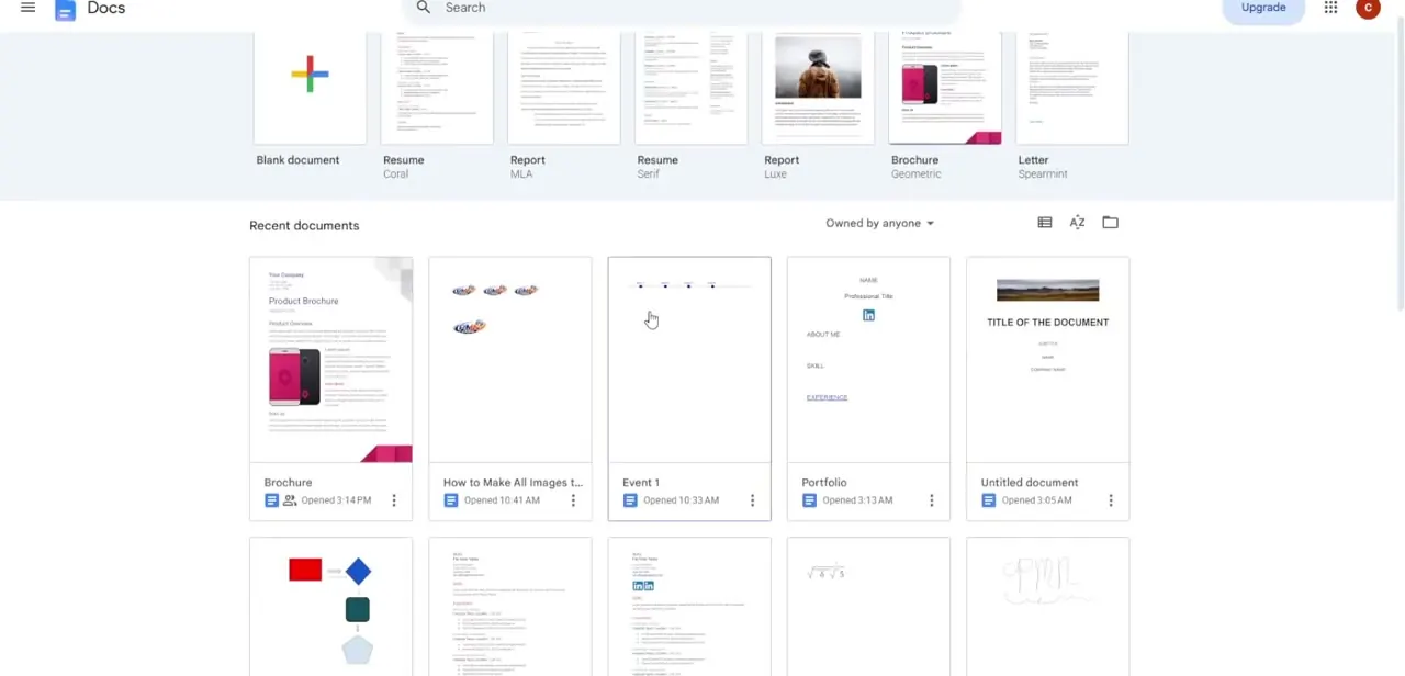 The Google Docs home screen, showing template options and recent documents — the starting point before opening the file you plan to reformat.