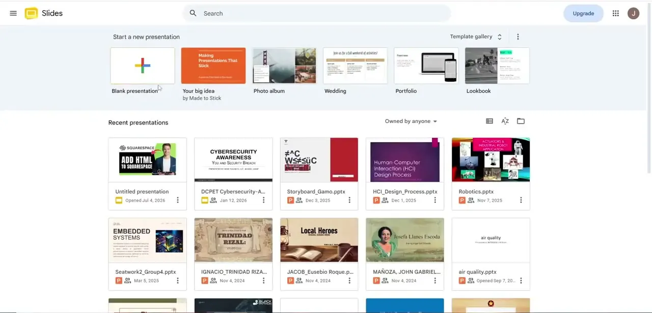 The Google Slides home screen, with template options and recent presentations listed below. Starting from Blank presentation avoids formatting conflicts with whatever Gemini generates next.