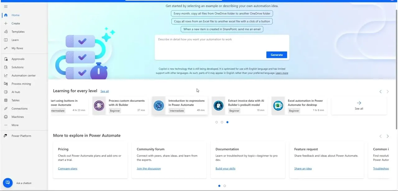 The Power Automate home screen, where you can describe an automation in a sentence and let Copilot generate the flow instead of building it step by step.