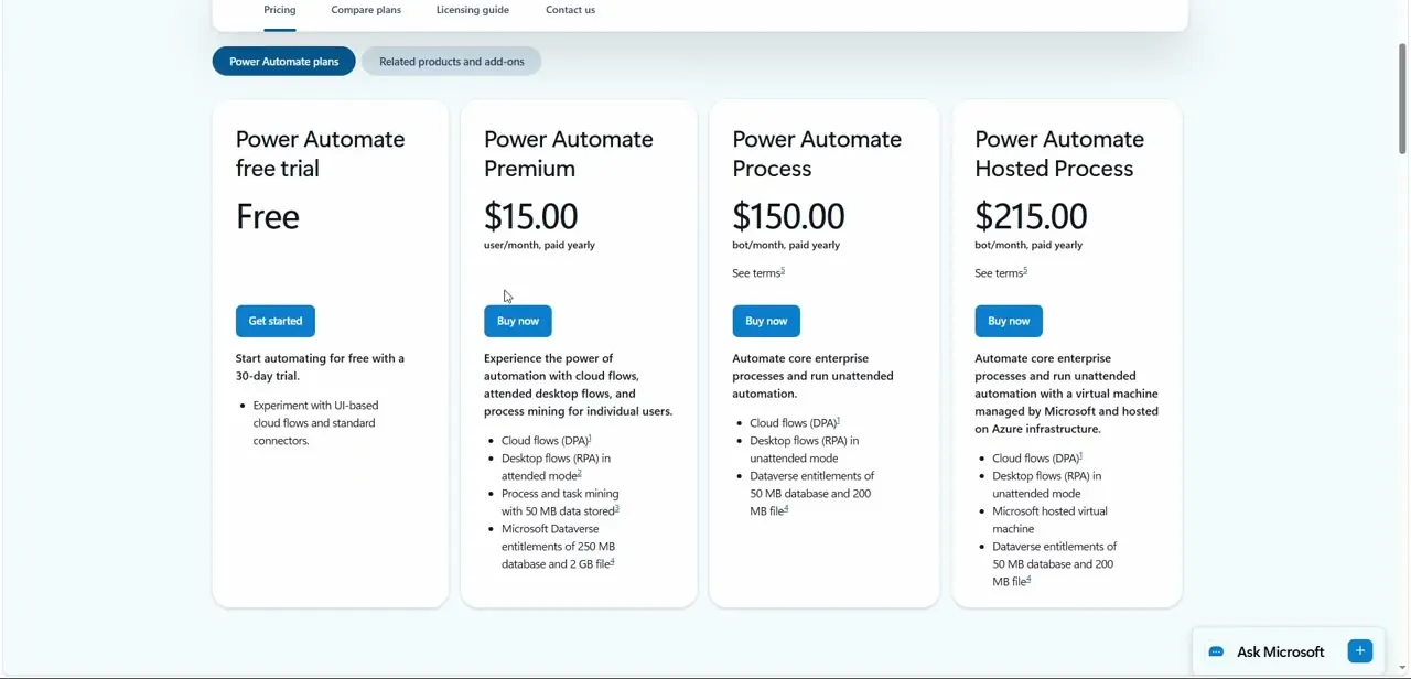 Power Automate's plan comparison — free trial, Premium at $15/user/month, and the enterprise Process and Hosted Process tiers priced per bot.
