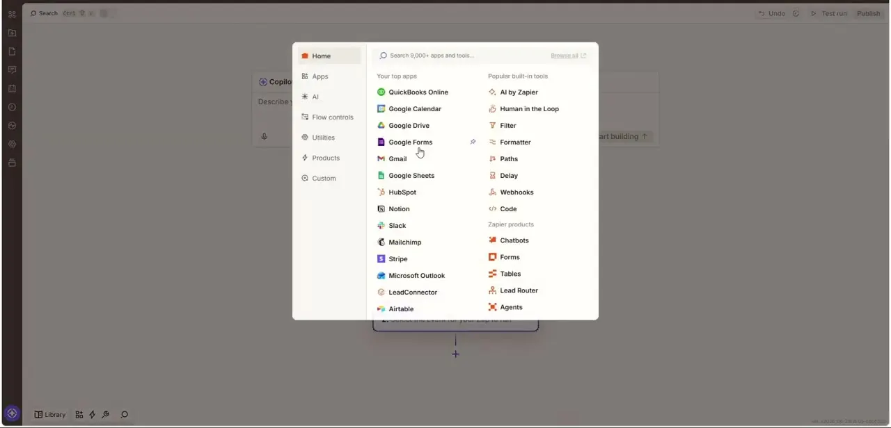 Zapier's app picker inside the flow builder, showing top apps and built-in tools like Filter, Paths, and Code alongside newer AI-powered products.