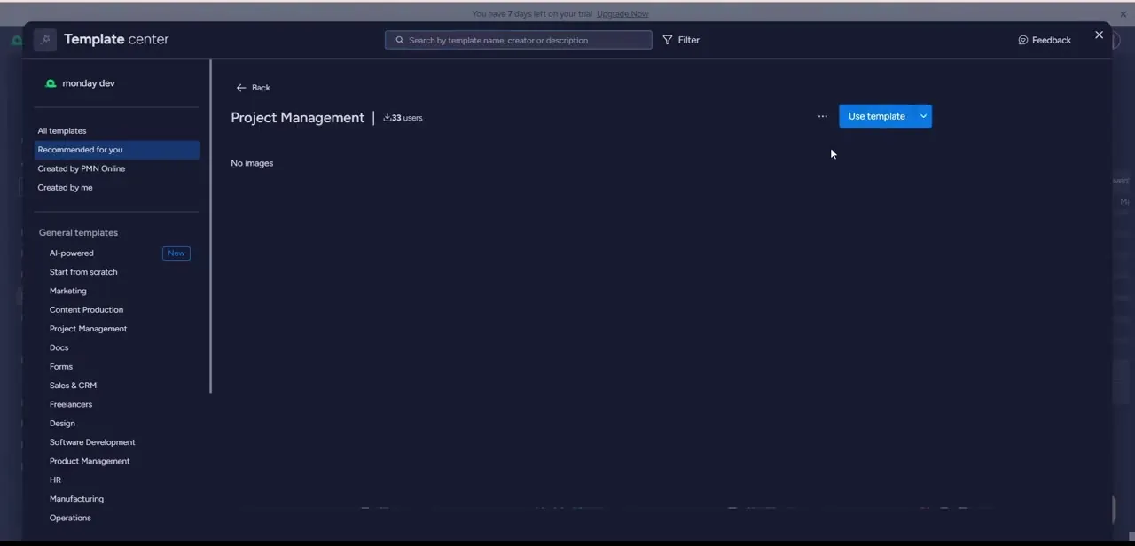The Template center, browsing the Project Management template before adding it to a workspace with Use template.