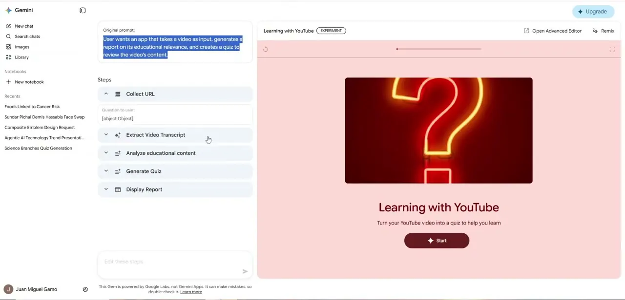 A custom Gem's generated structure — five steps from Collect URL through Display Report — shown alongside a live preview of the finished tool, named "Learning with YouTube."