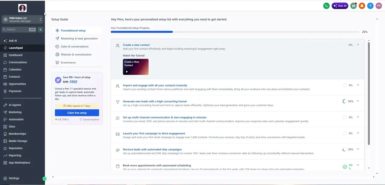 The GoHighLevel Launchpad, showing the account's foundational setup progress before any Facebook connection is made.