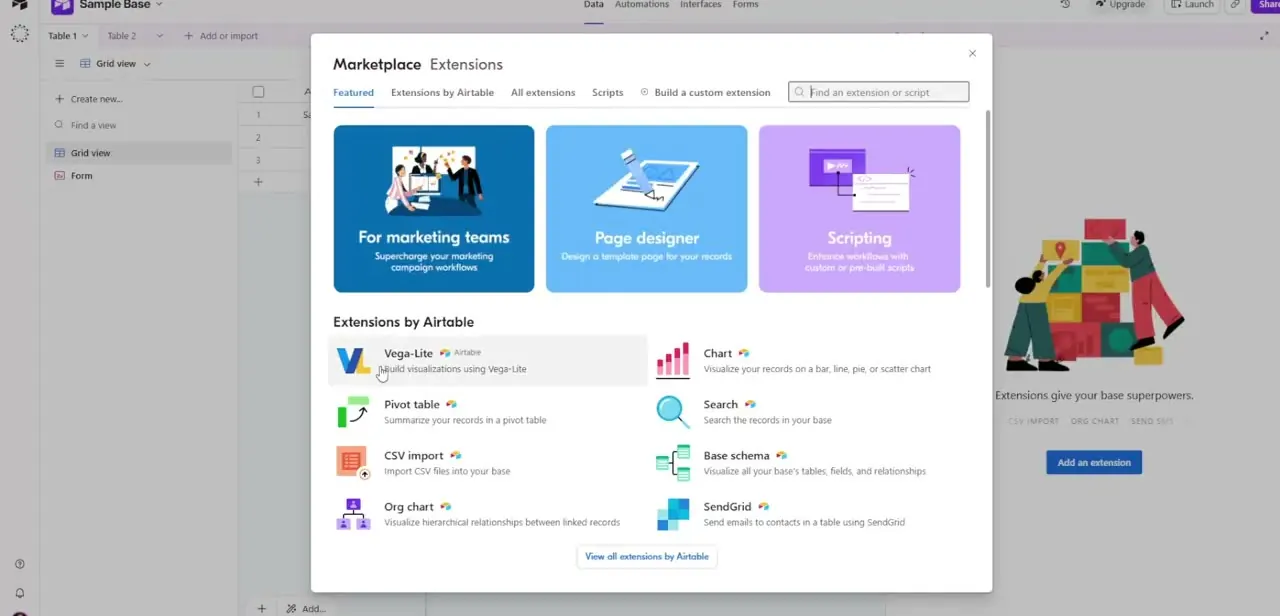 The Marketplace Extensions modal, listing Airtable's built-in reporting tools — Chart and Pivot table are the two aimed directly at turning records into a report.