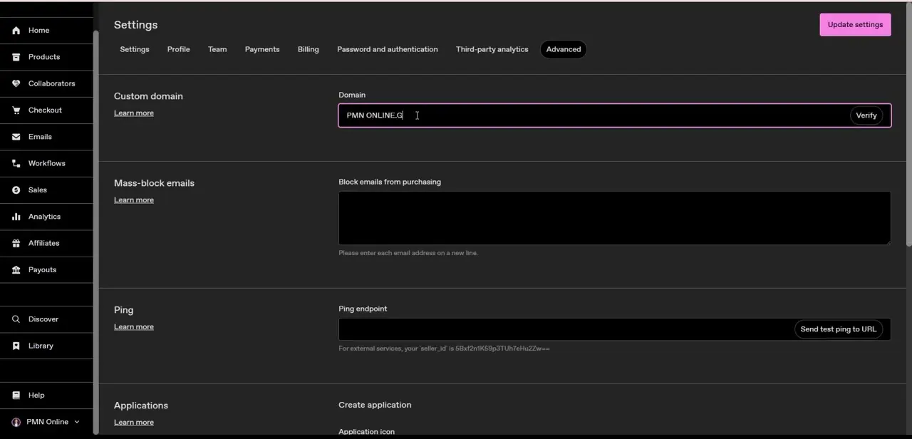 The Custom domain field inside Settings > Advanced, with the domain entry box and a Verify button — this is the entire in-app side of the setup.