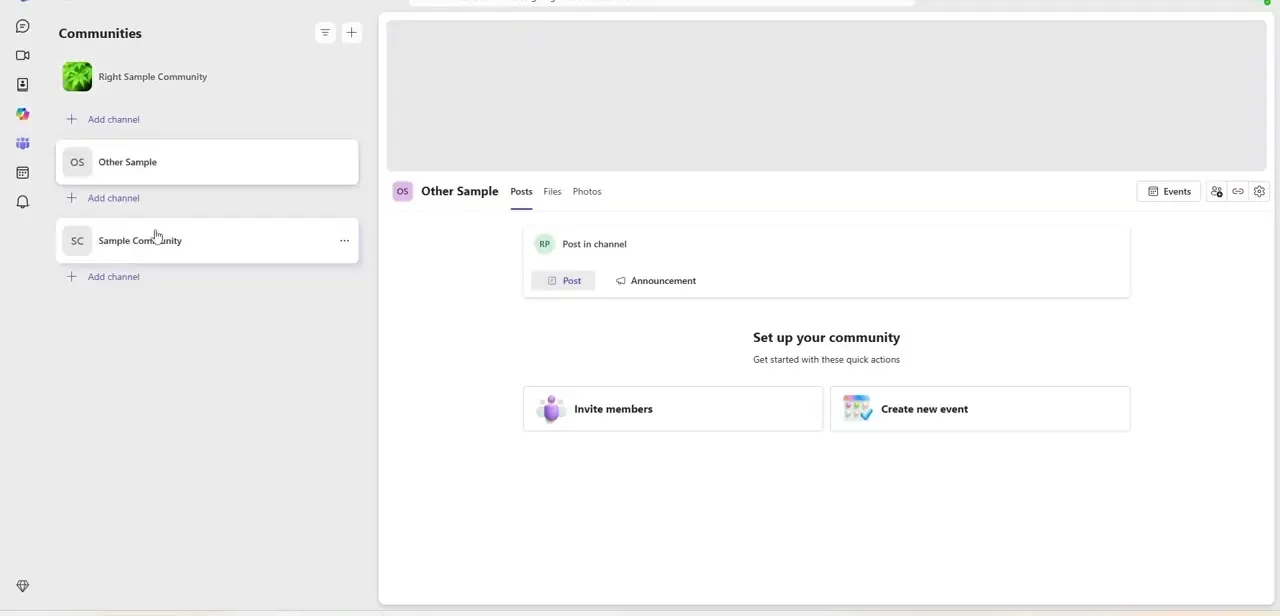A Teams channel open to its Posts tab, with Files and Photos as separate tabs alongside it for anything shared here.